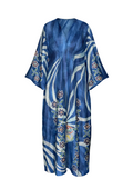 Blue kimono-style dress with white floral patterns on a white background