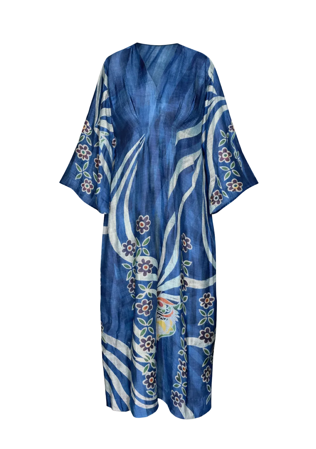Blue kimono-style dress with white floral patterns on a white background
