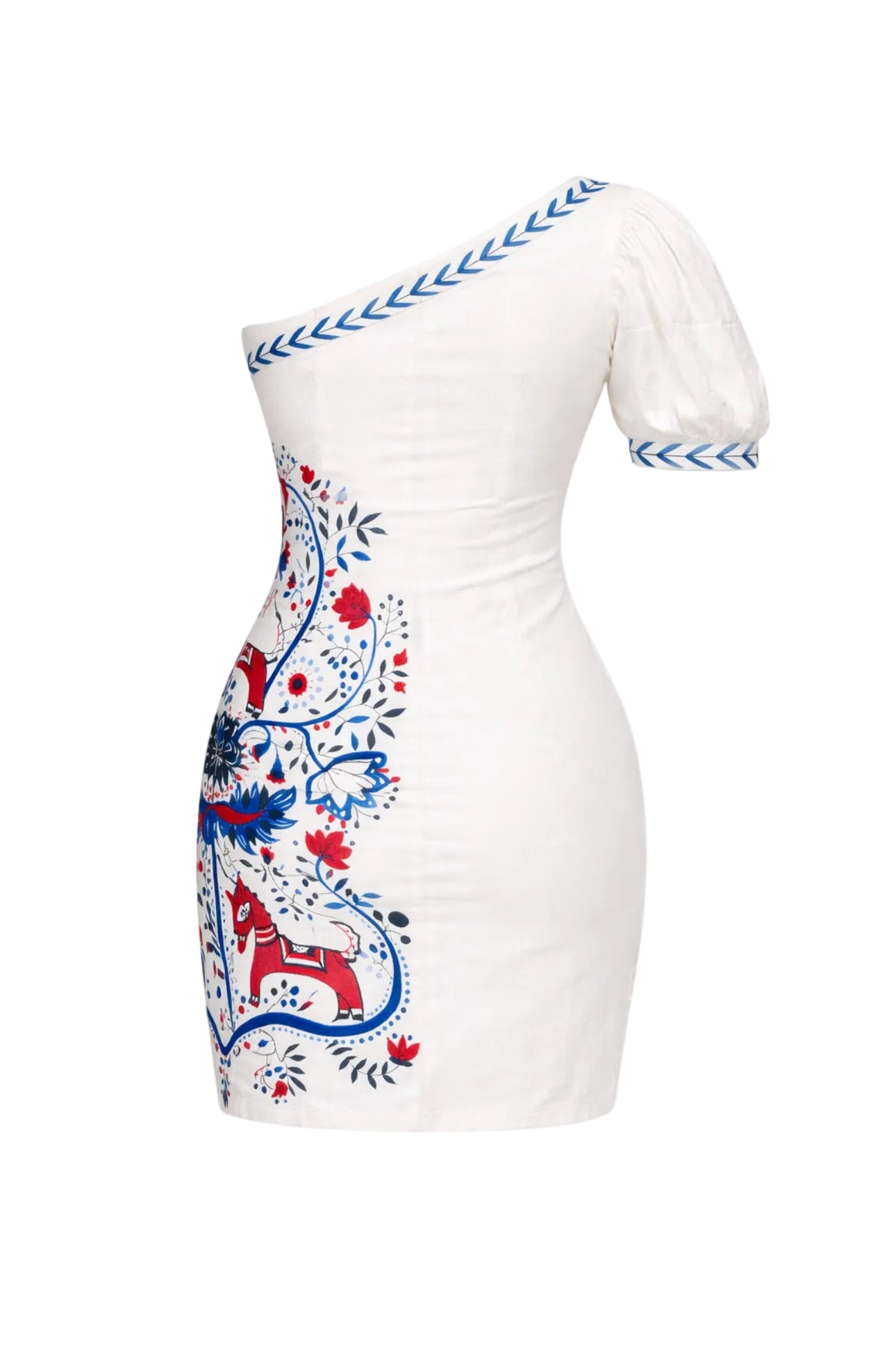 White dress with colorful floral and animal embroidery on a white background