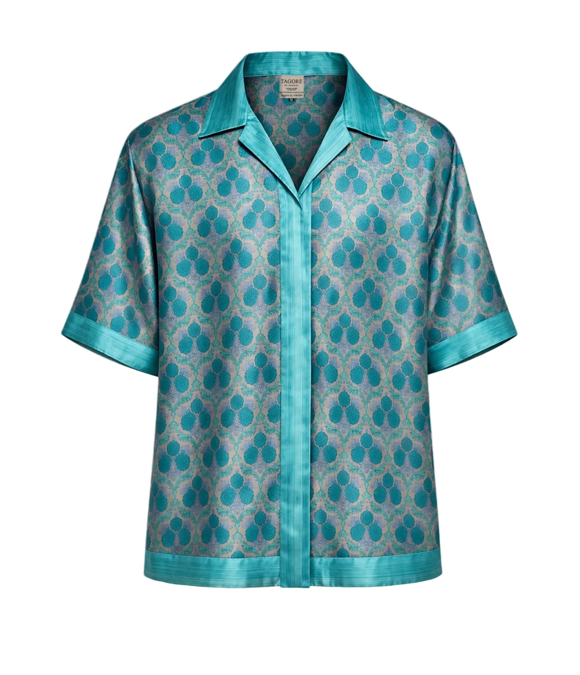 Short-sleeve shirt with blue and gray pattern on a beige background