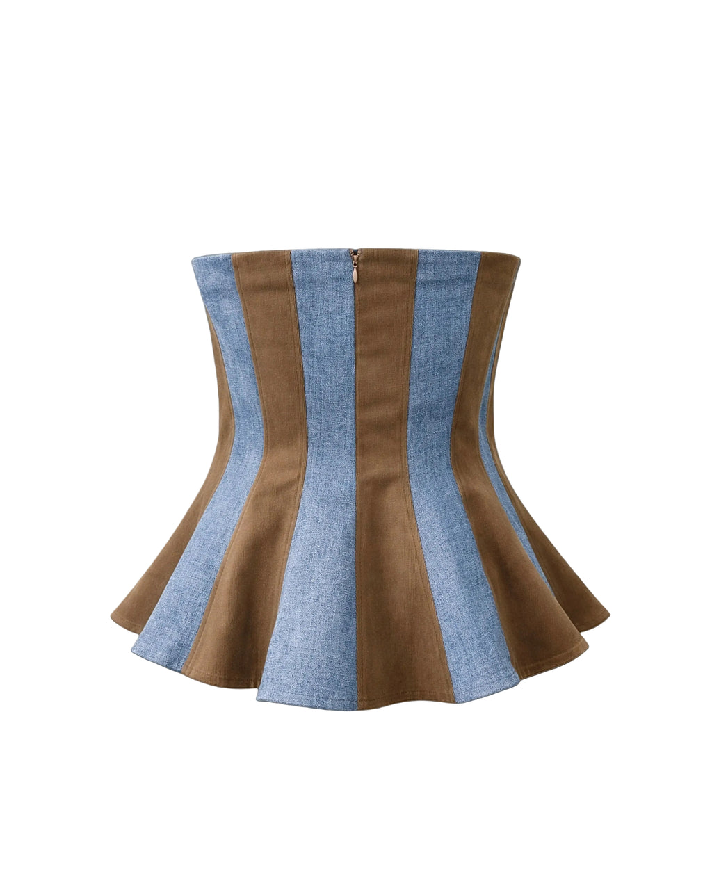 Corset with brown and blue striped design on a beige background