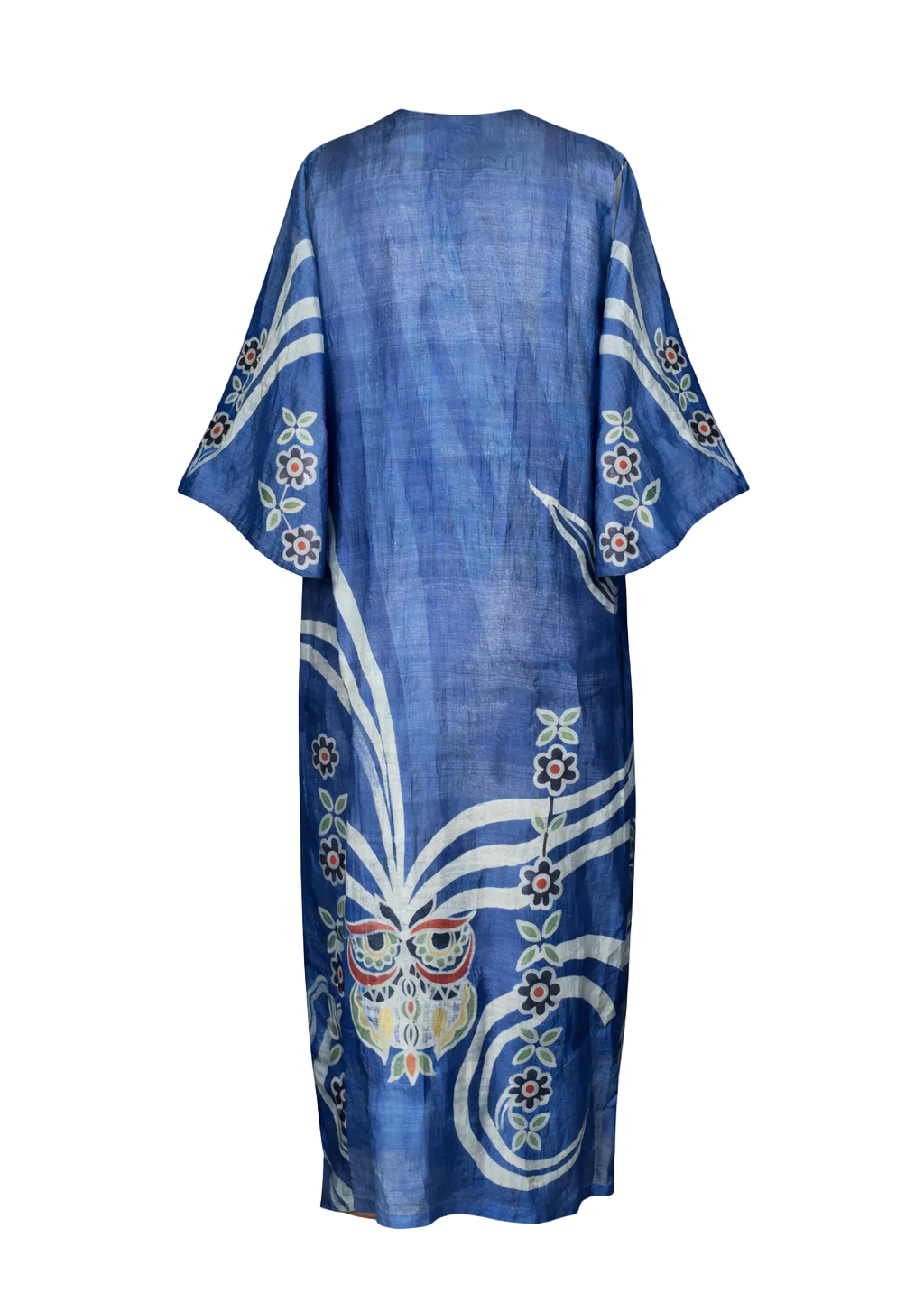 Blue kimono-style garment with white embroidery on a white background