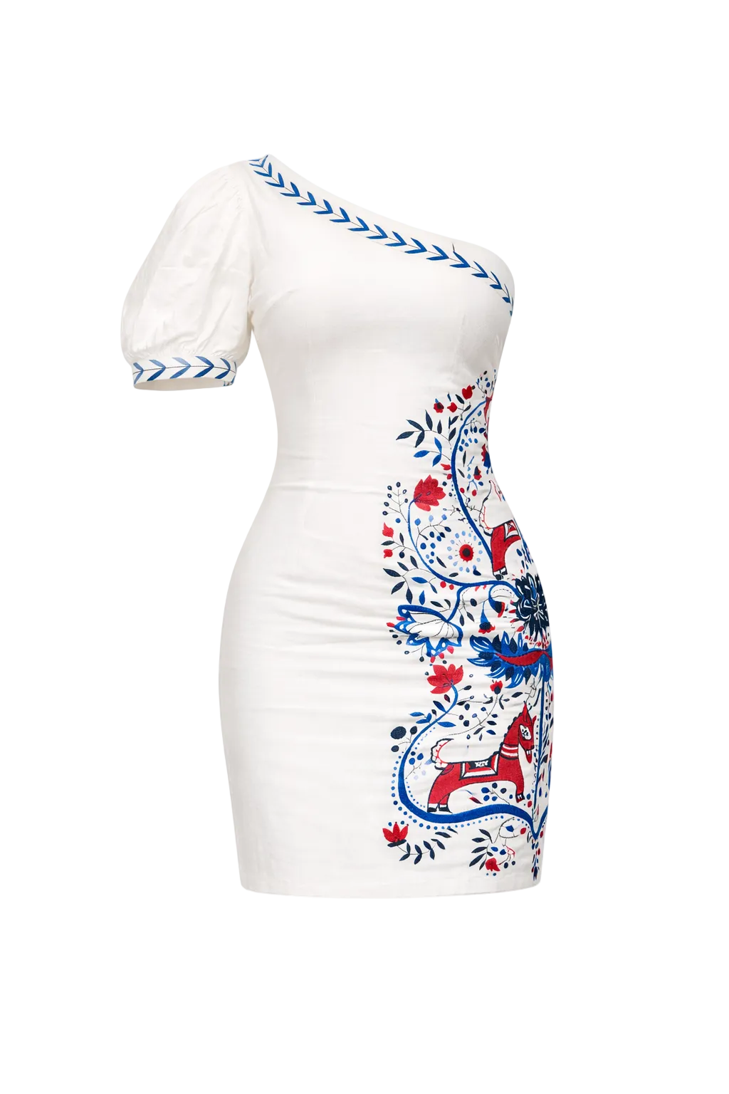 White dress with colorful floral and animal pattern on a white background