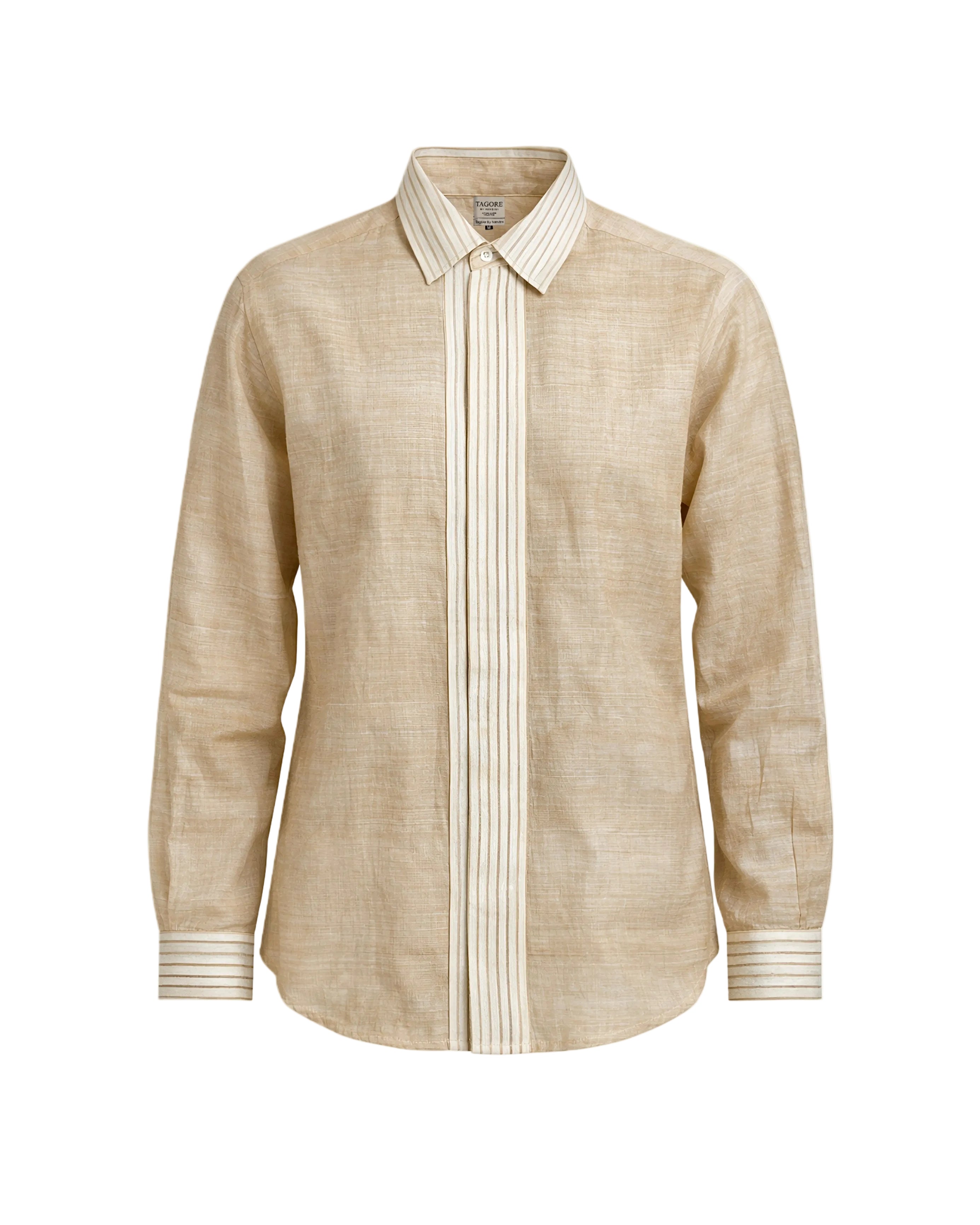 Beige shirt with white striped collar and cuffs on a white background