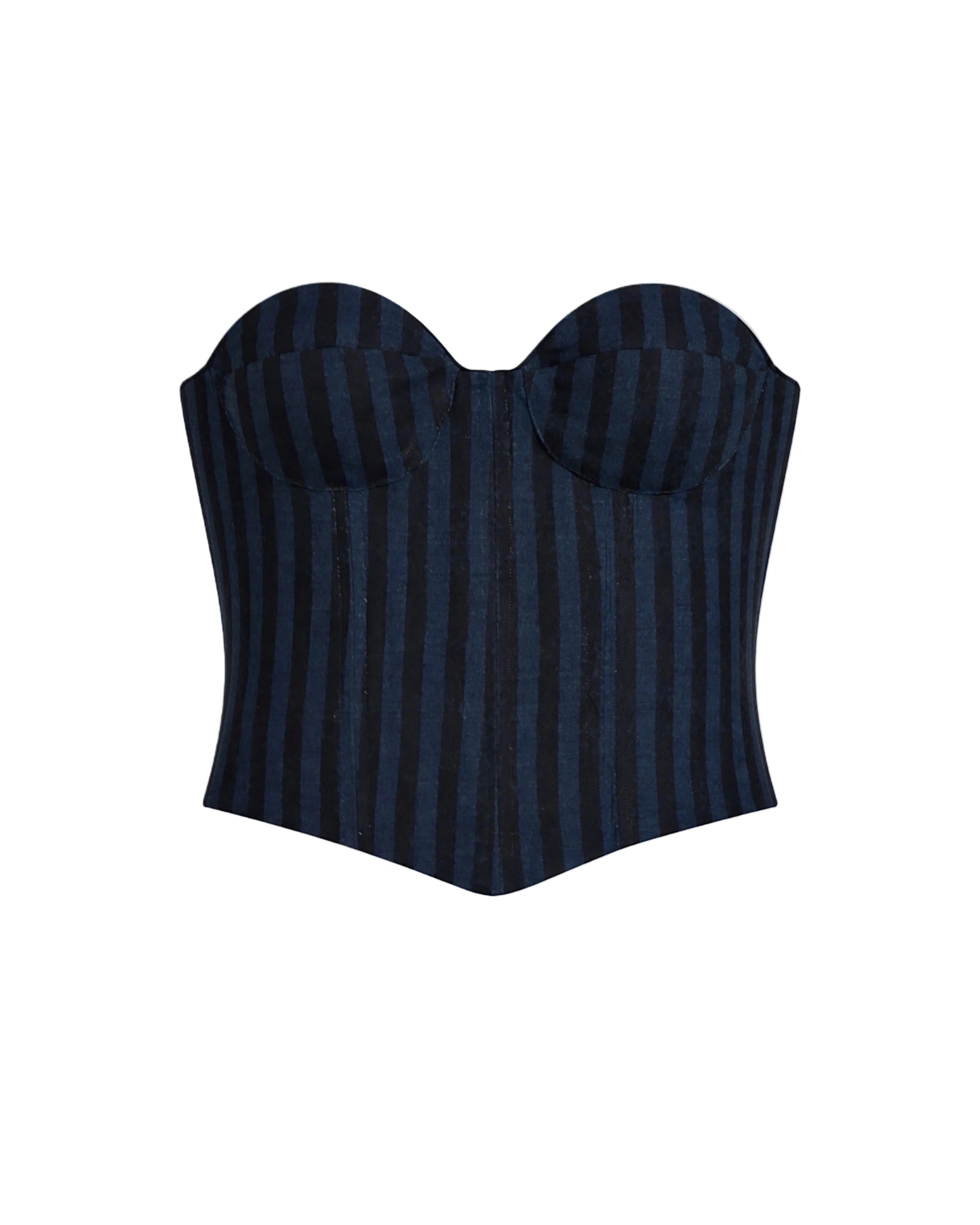 Navy blue strapless top with thin white stripes on a beige background