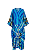 Blue and white patterned dress with black accents on a white background