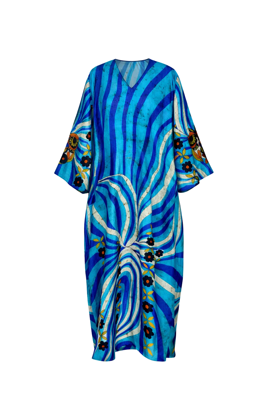 Blue and white patterned dress with black accents on a white background