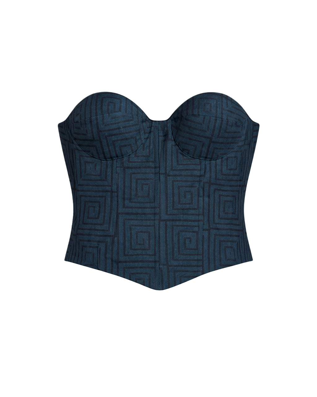 Navy blue strapless top with geometric pattern on a beige background