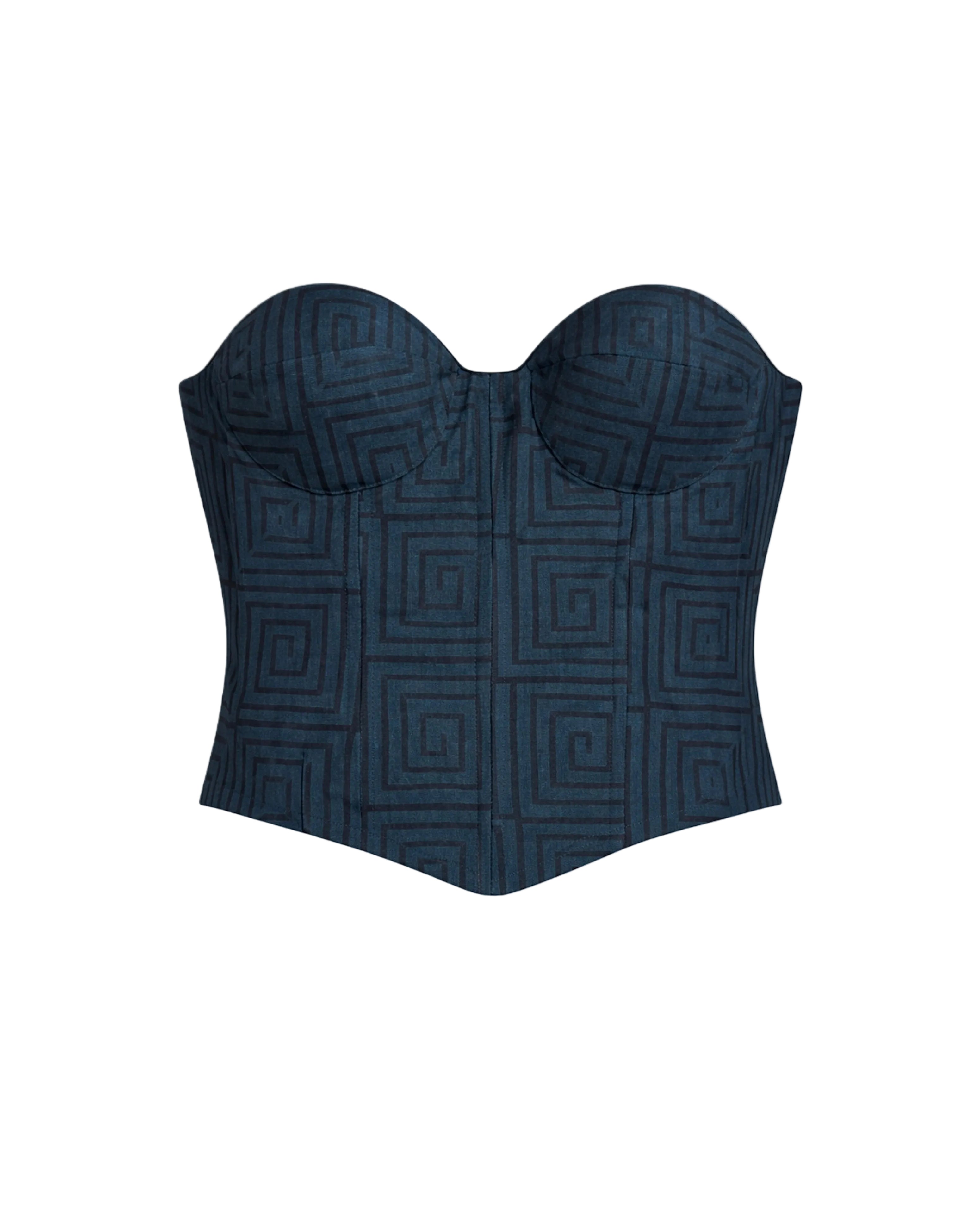 Navy blue strapless top with geometric pattern on a beige background