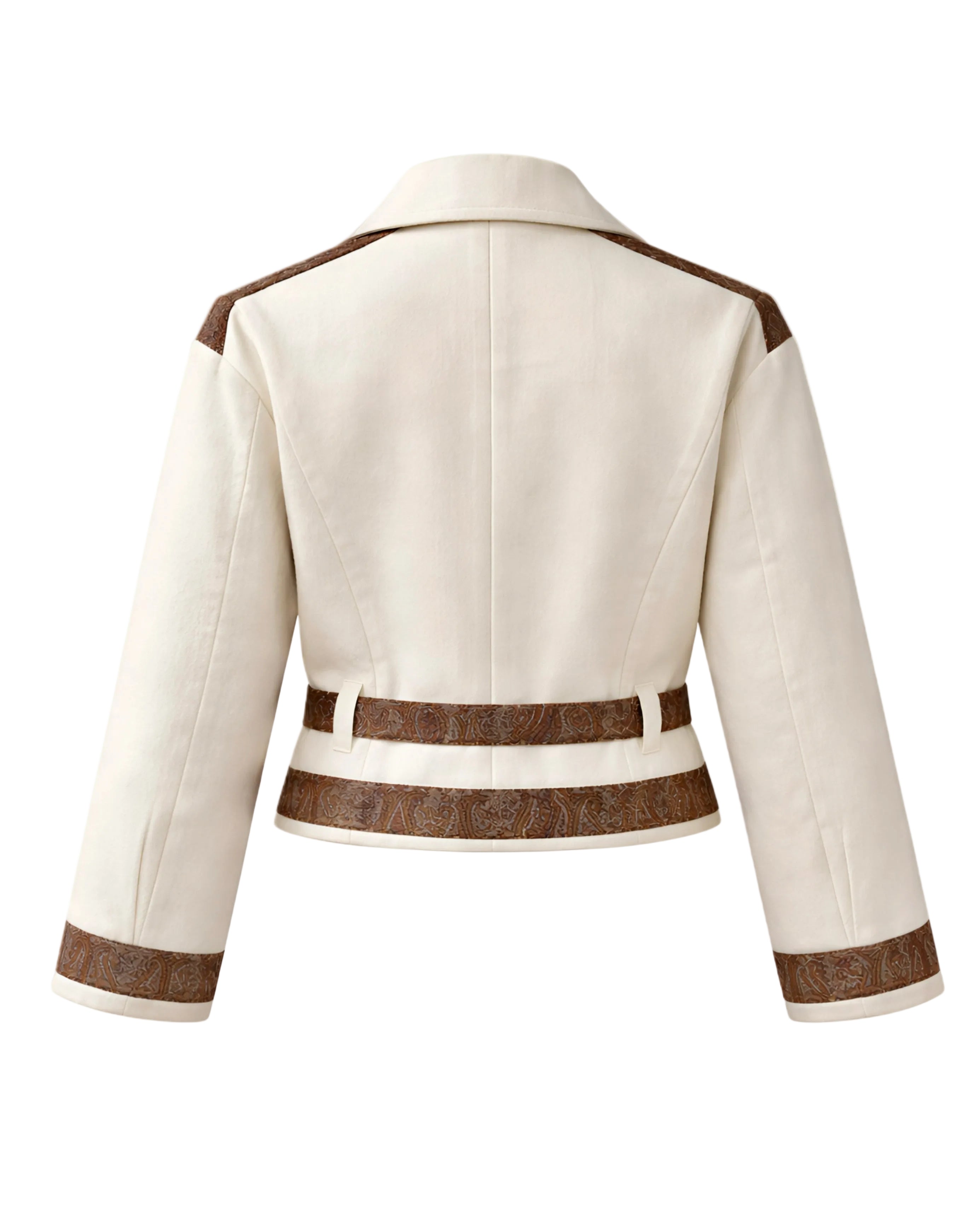 White jacket with brown accents on a white background