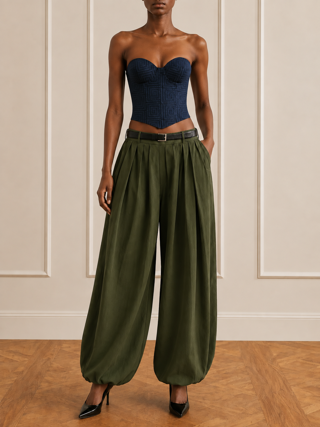 Denim Spiral Block Printed Corset
