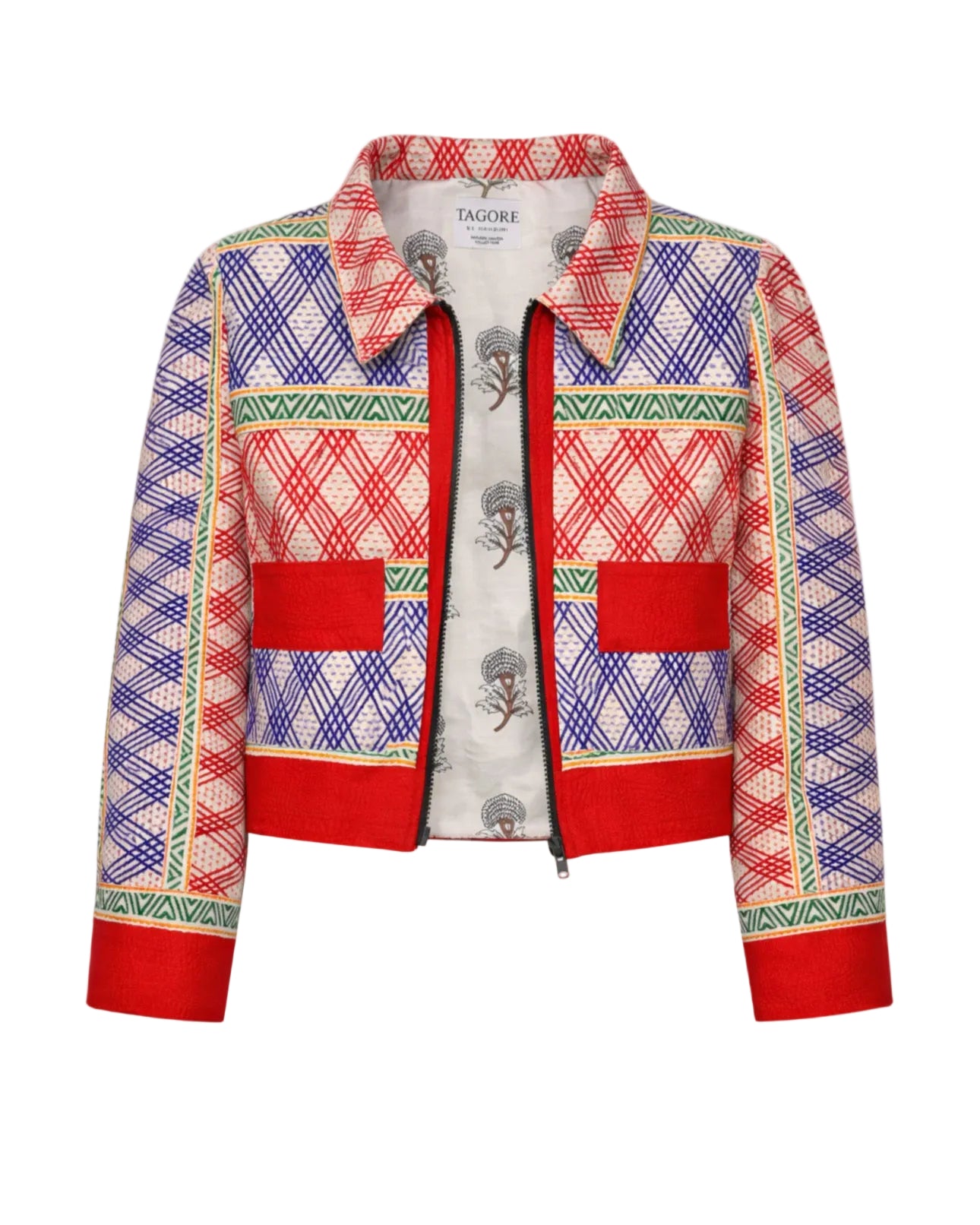 Colorful plaid jacket with a patterned interior on a white background