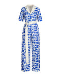 Blue and white patterned jumpsuit on a white background