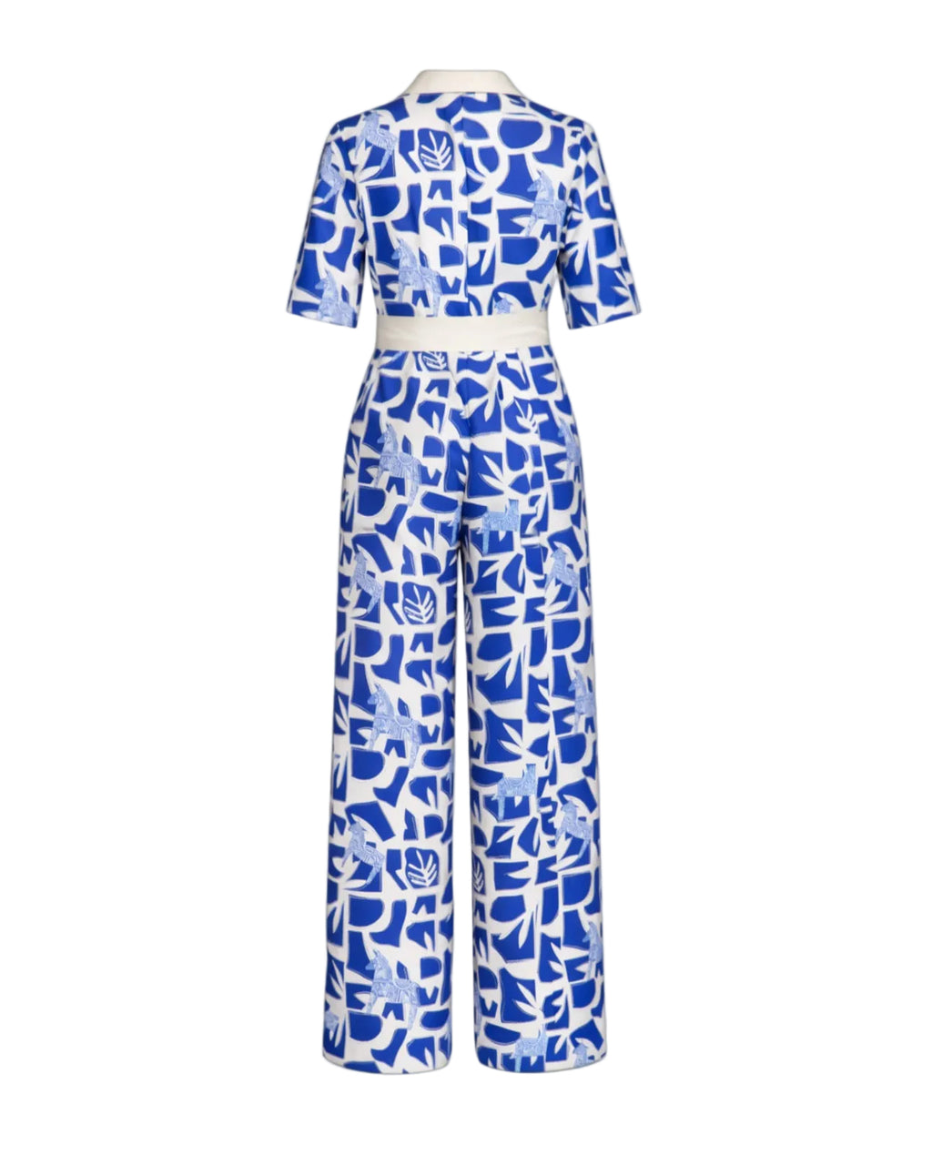 Blue and white patterned outfit on a white background