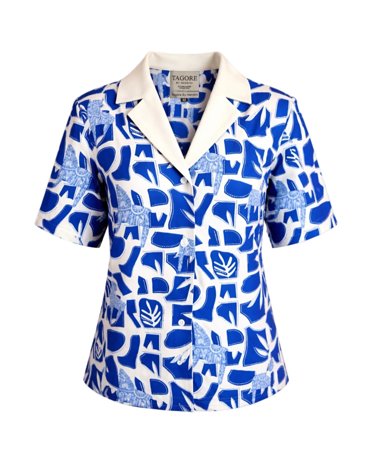 Blue and white patterned blouse with a white collar on a white background