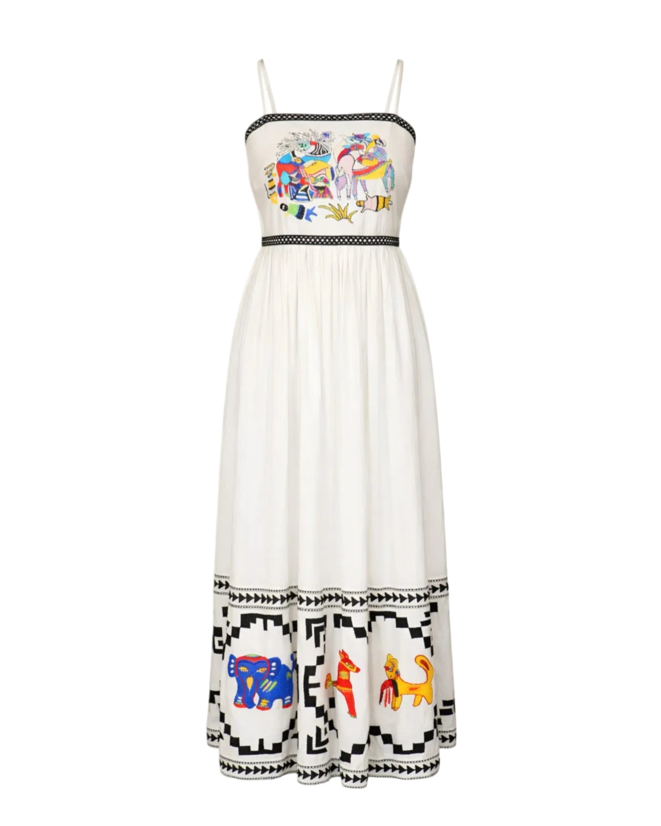 White dress with colorful animal patterns on a white background