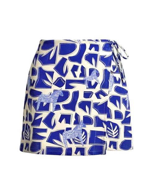 Blue and white patterned skirt on a white background