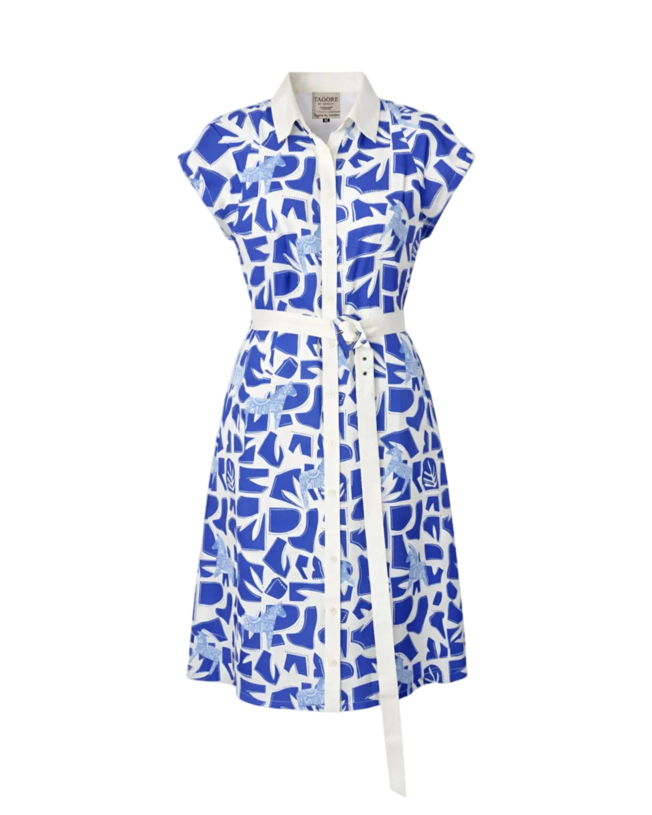 Blue and white patterned dress with a belt on a white background