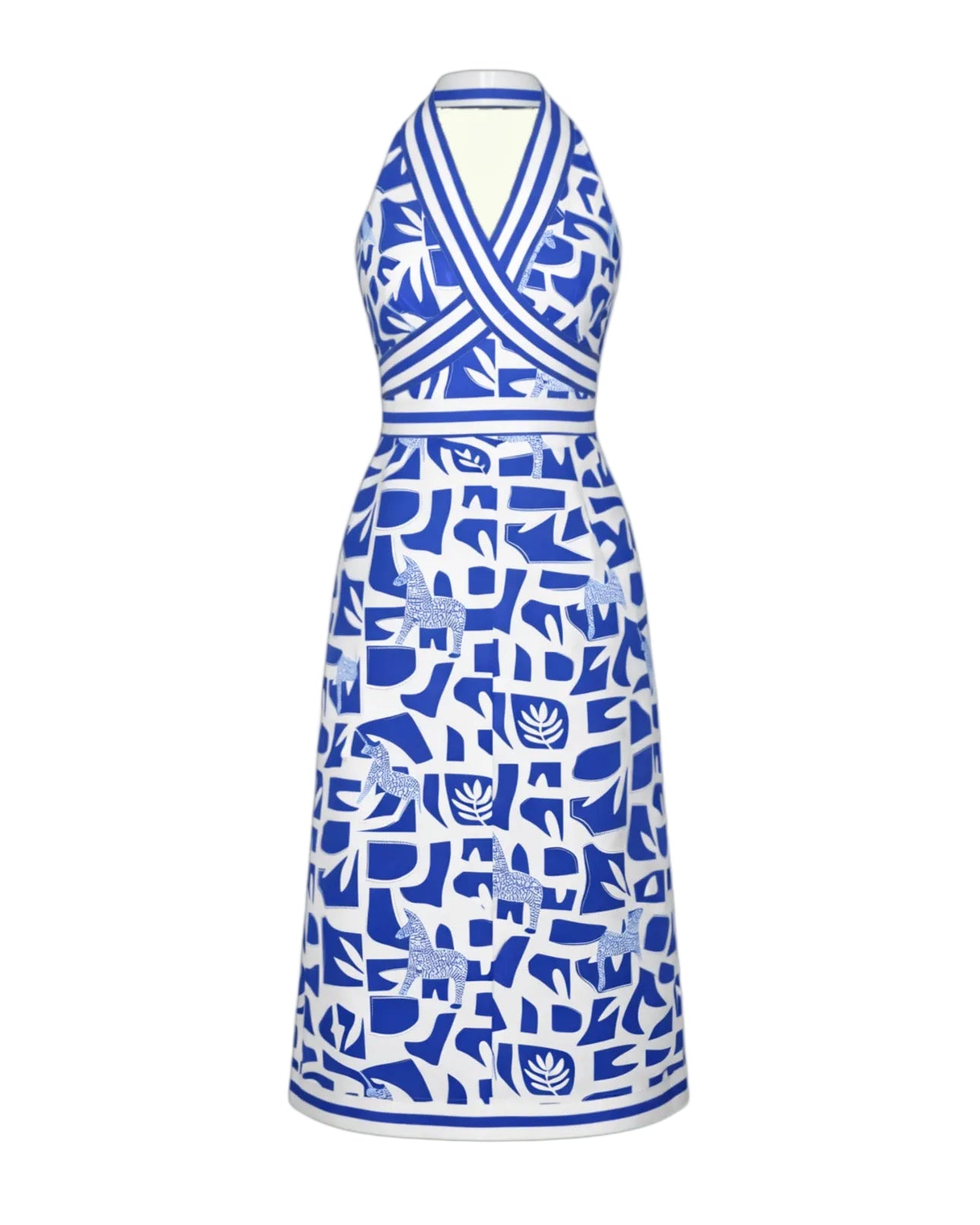 Blue and white patterned dress on a white background