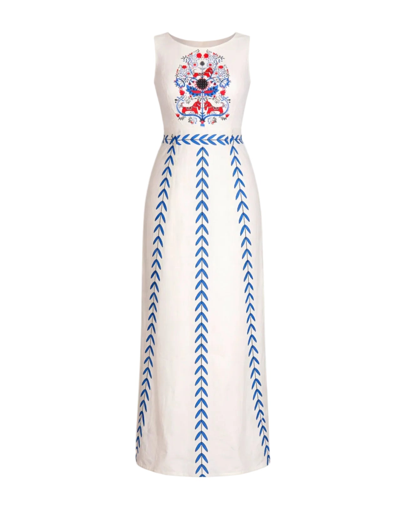 White sleeveless dress with blue patterns on a white background