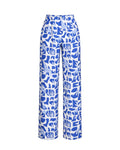 Blue and white patterned pants on a white background