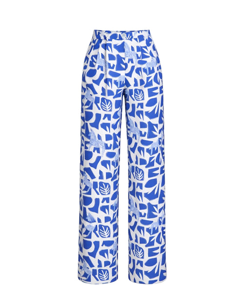 Blue and white patterned pants on a white background