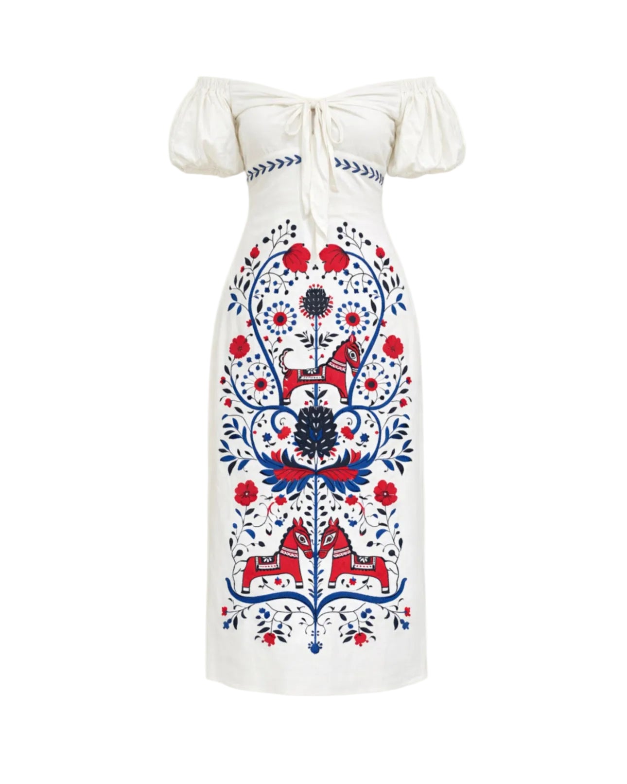White dress with colorful floral embroidery on a white background