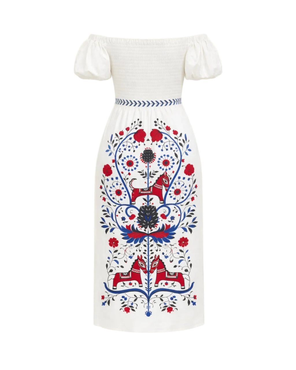 White dress with red and blue floral and animal pattern on a white background