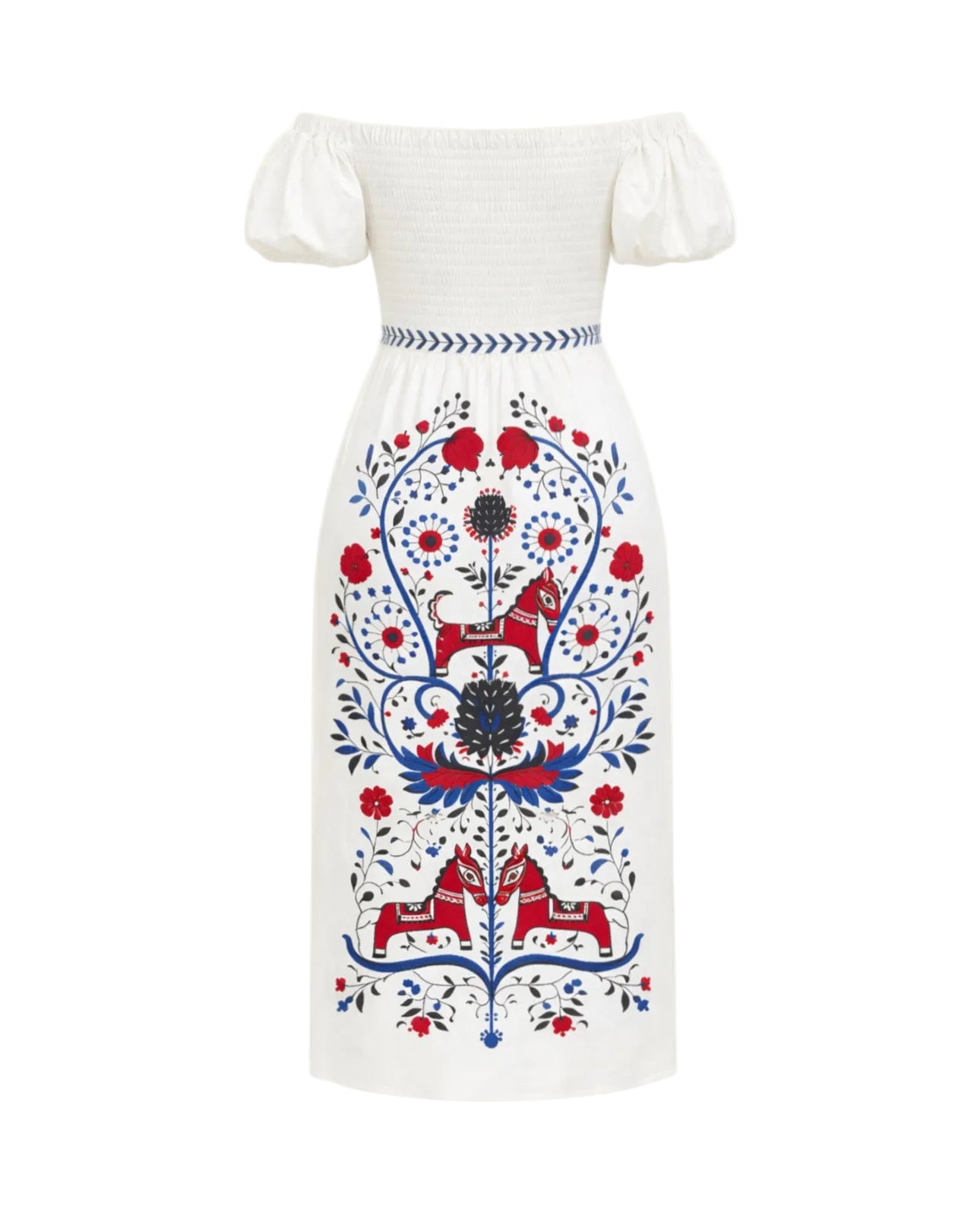 White dress with red and blue floral and animal pattern on a white background