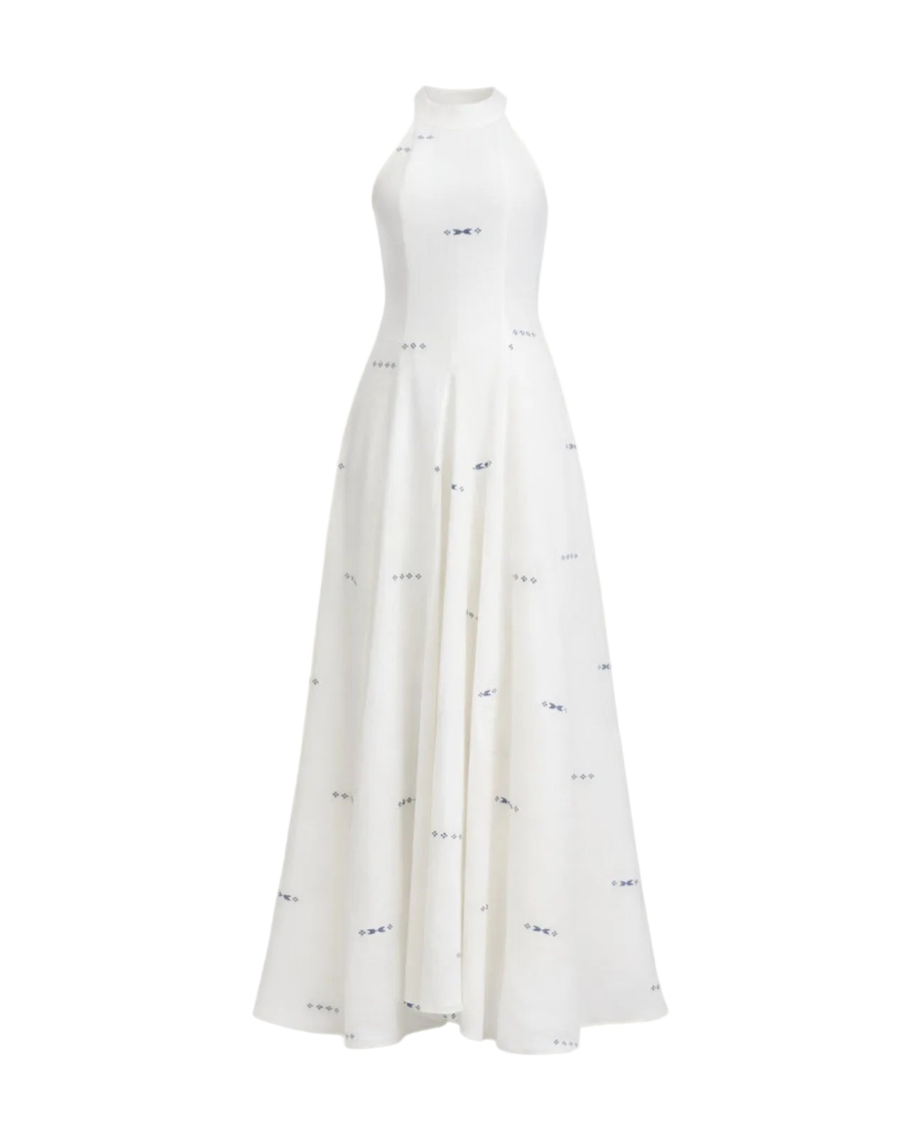 White sleeveless dress with subtle pattern on a white background