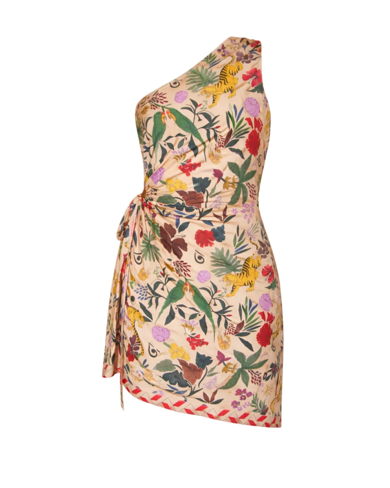 Floral and animal patterned dress on a white background