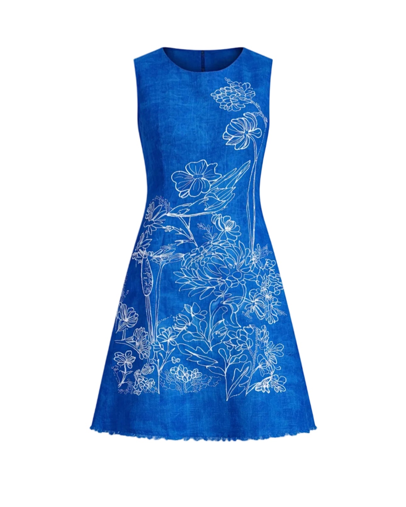 Blue dress with white floral patterns on a white background