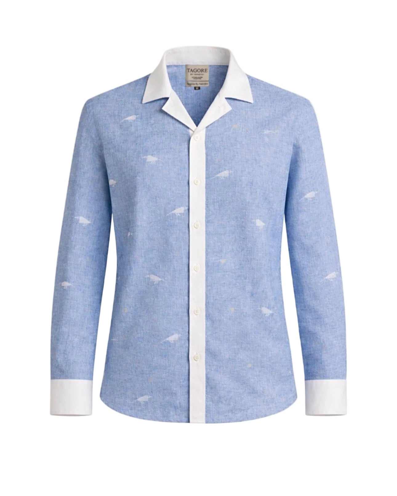 Light blue shirt with white collar and cuffs on a light yellow background