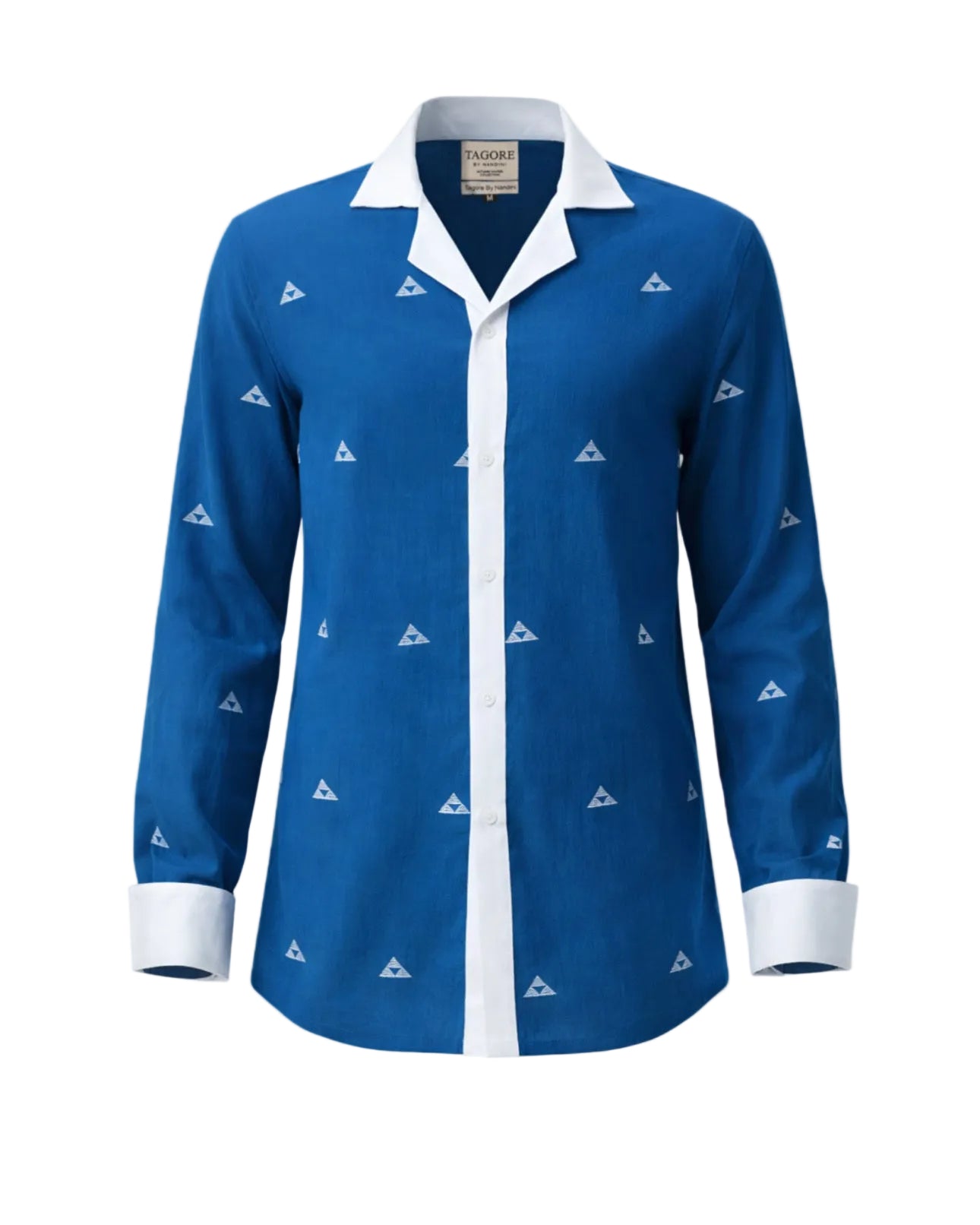 Blue shirt with white collar and trim on a white background