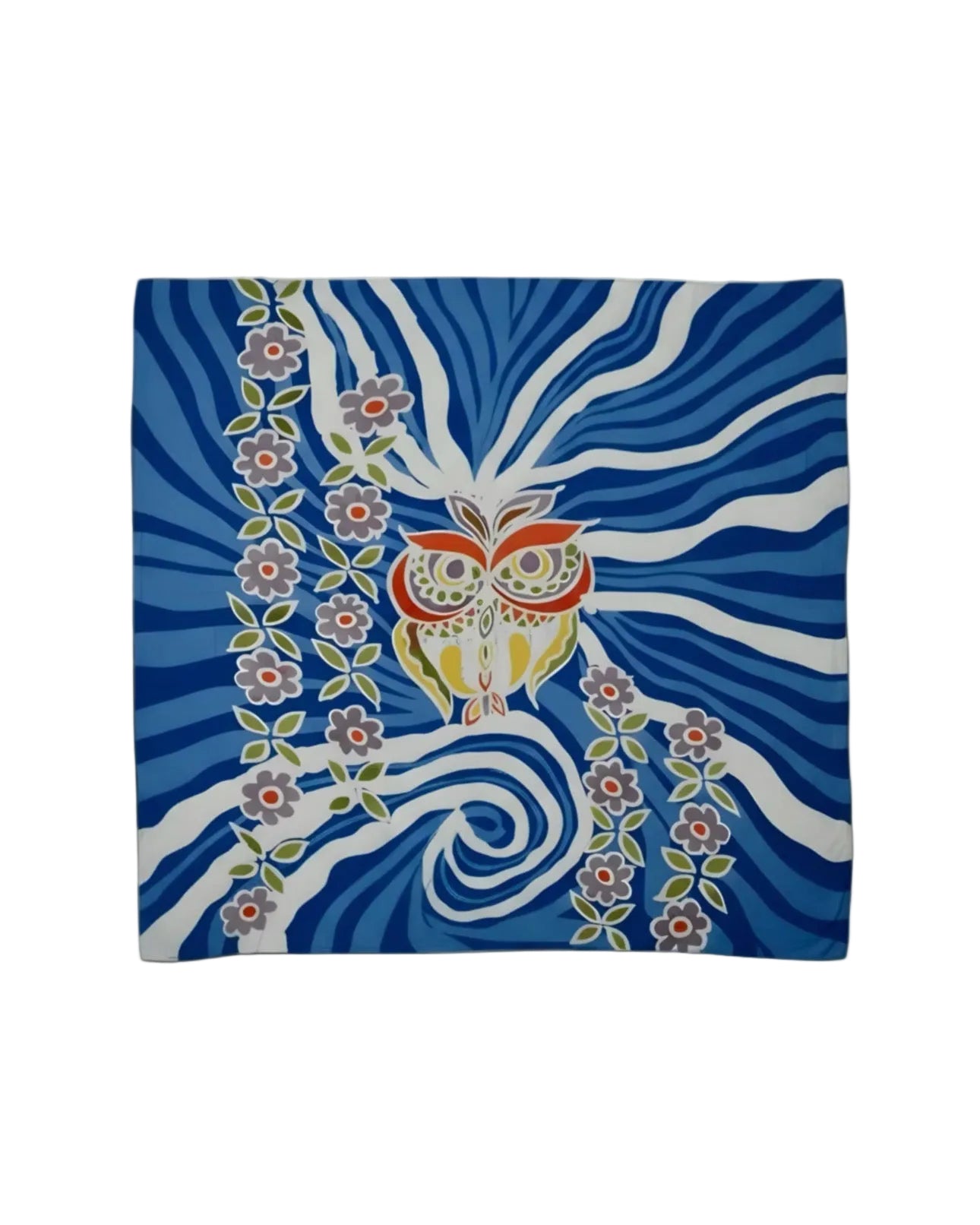 Decorative square with a colorful owl design on a blue background