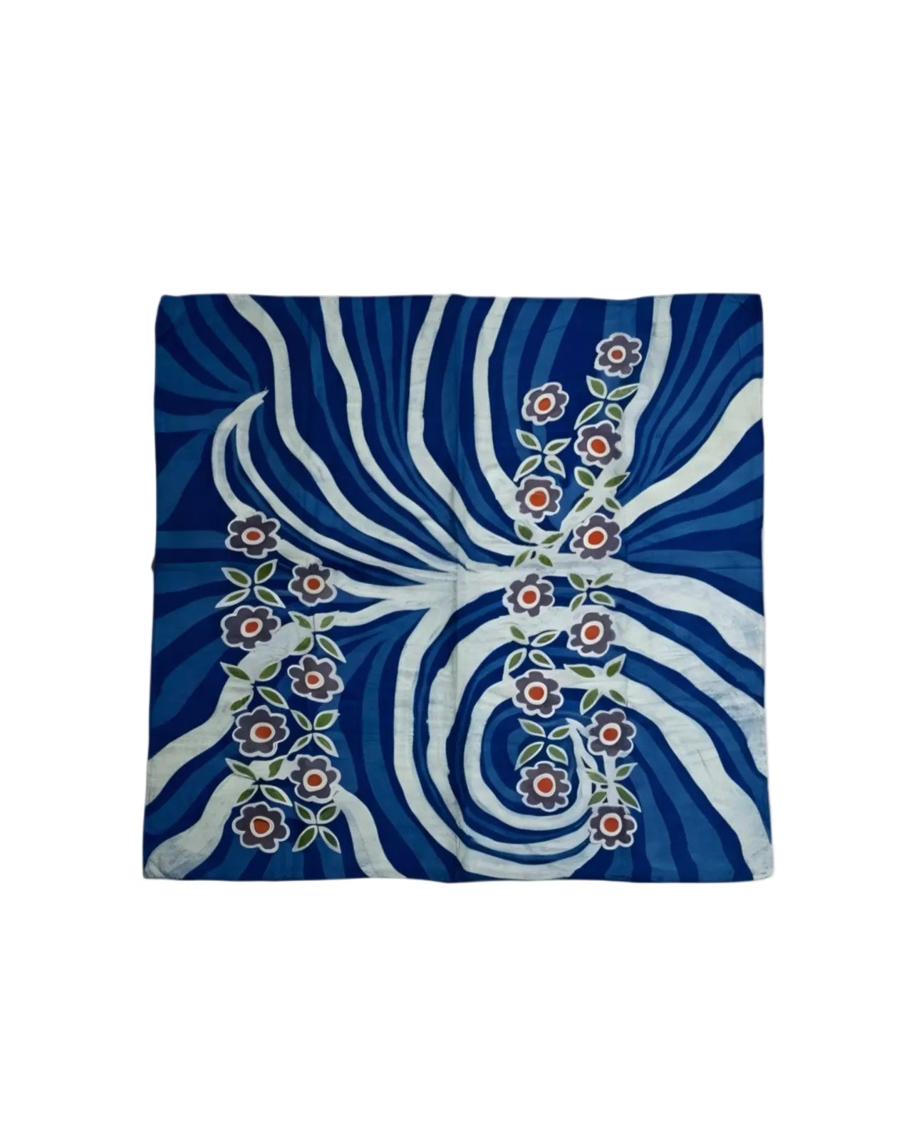 Blue and white patterned fabric with floral designs on a white background